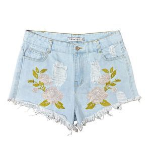 36 Point 5 Distressed Floral Cut-Off Denim Festival Shorts - Size XL
